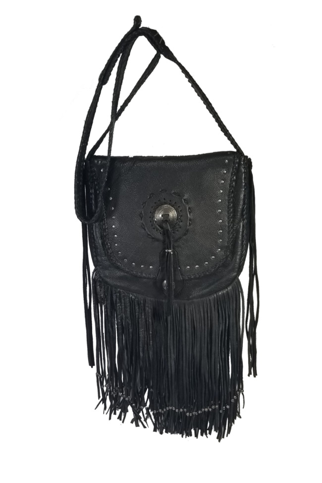 Concho Studded Leather Fringed Hand Laced Shoulder Bag [KOB